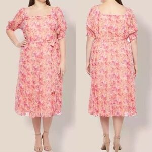 Maison Tara Pink Floral Puff Sleeve Midi Dress Formal Square Neck Cottagecore 12